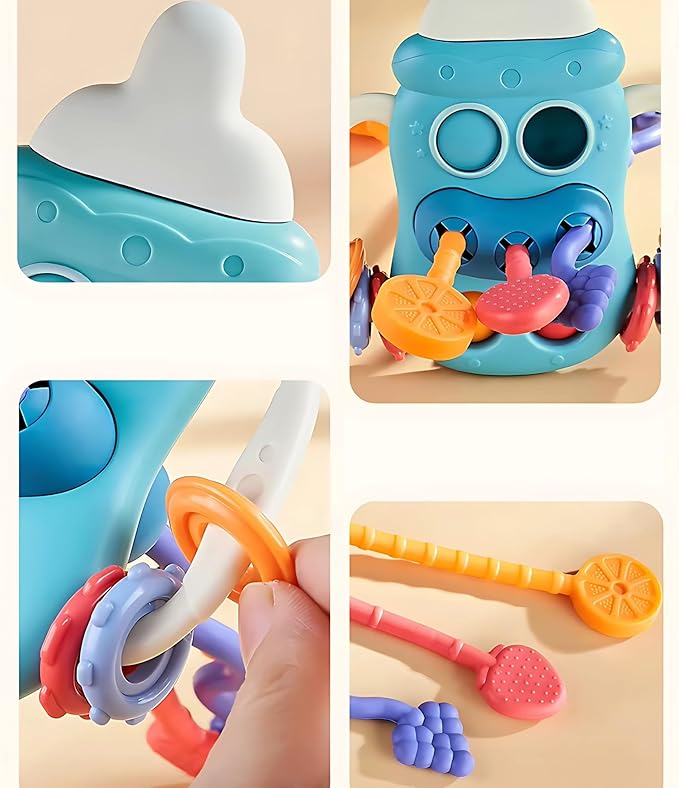Bottle-Shaped Montessori Teether Toy for Toddlers – Sensory Learning Activity with Pull Strings, Beads, Gears & Teether Accessories Early Development Toy 3M+ (TOY-002-Blue)