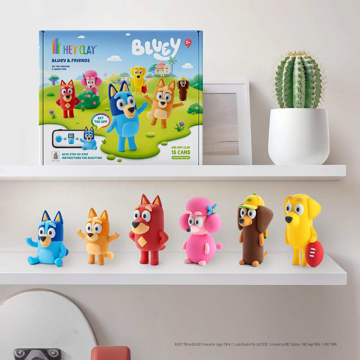 Hey Clay - Bluey & Friends, Colorful modeling air-dry clay, 15 cans, Series Collections, with fun interactive app for kids aged 3+ years.