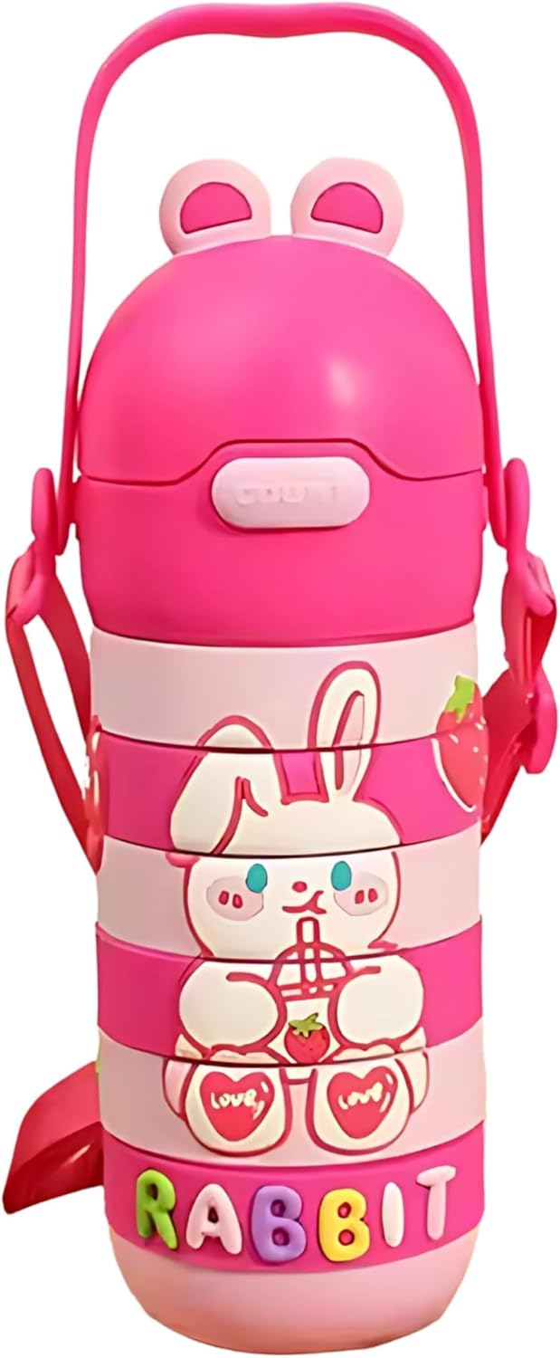 Stainless Steel Kids Puzzle Swirl Water Bottle with Straw & Strap Double Wall Vacuum Insulated Educational, Fun and Learning Water Bottle for Kids, Girls and Boys Leak Proof 430ml (Pink)