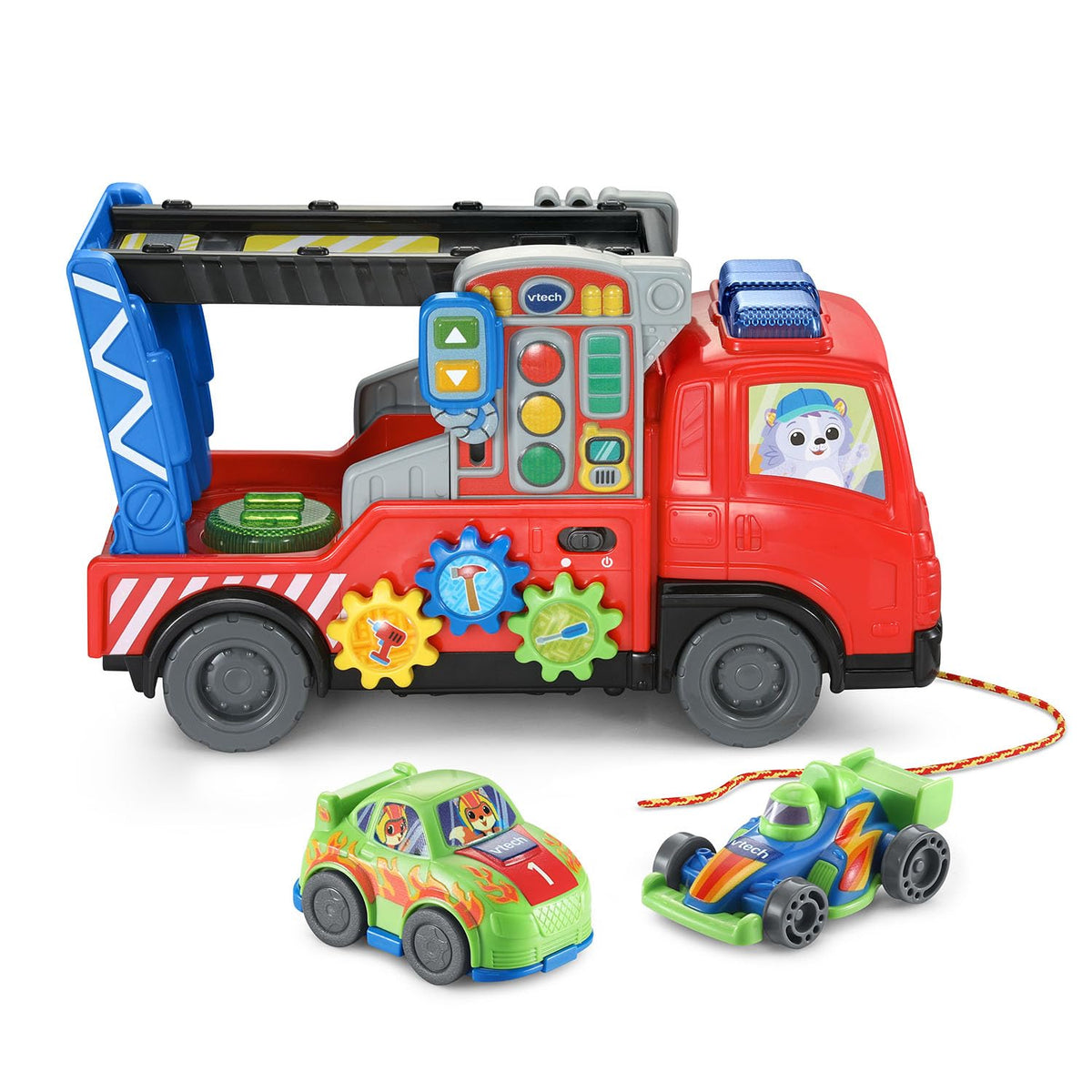 Vtech 3-in-1 Musical Car Carrier Truck Toy with Repair Center, Pull-Along Cord & 2 Race Cars for Toddlers (12–36 Months)
