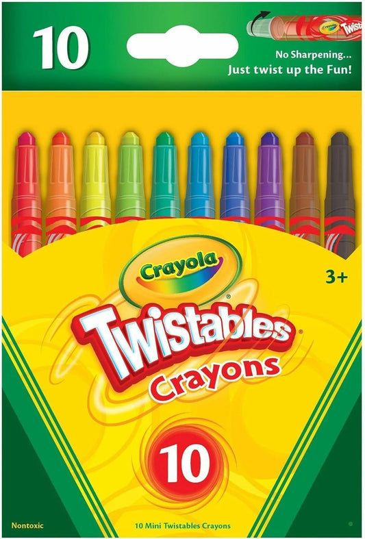 Crayola Mini Twistable 10 assorted colors | Just twist & colors, no sharpening or peeling required | The durable plastic barrels are clear and let kids see the colors inside while protecting it against breakage | Great for kids ages 3 and up.