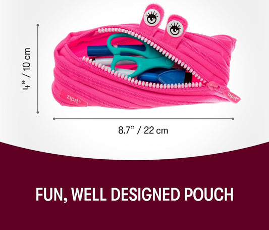 ZIPIT - Monster Pencil Case for Girls, Holds Up to 30 Pens, Machine Washable, Made of One Long Zipper! (Pink)