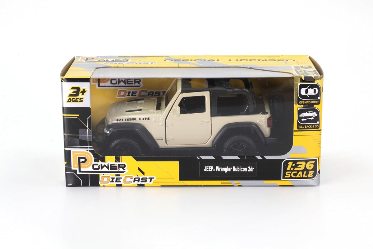 D-Power Diecast Jeep Rubicon 2021 – 1:36 Scale Model Car, Assorted Colors Green / Beige, 1 Piece, Pull Back Action, Collectible SUV Toy