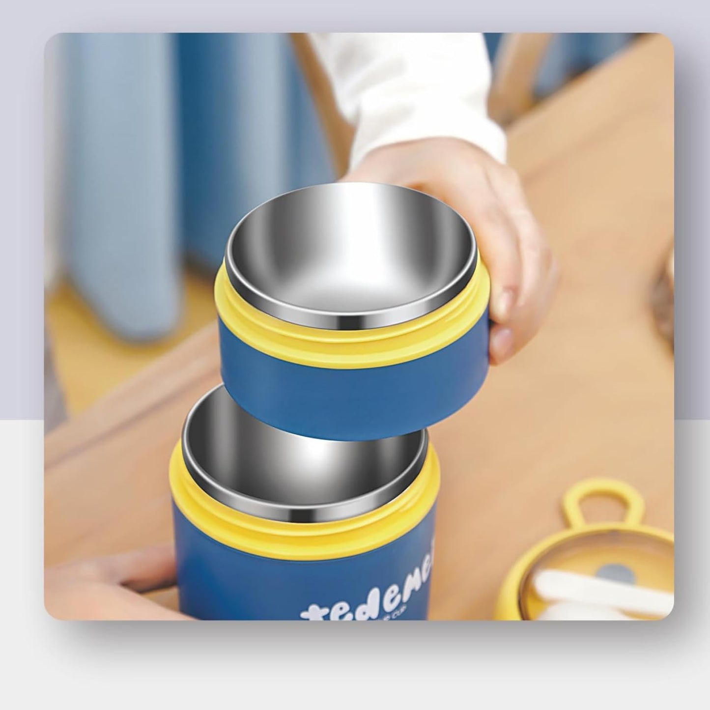 Double Soup Bowl Insulated Lunch Container Thermos Steel Food Jar with Spoon Stainless Steel 2 Compartment Leak Proof Airtight Lunch Container for Hot and Cold Food 710ml (Blue)