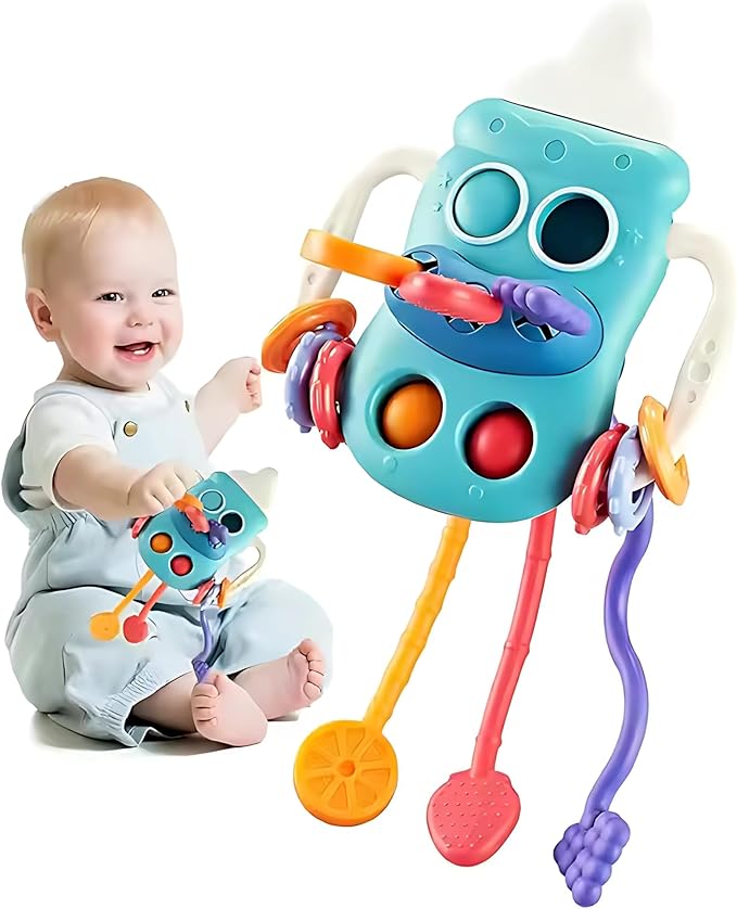 Bottle-Shaped Montessori Teether Toy for Toddlers – Sensory Learning Activity with Pull Strings, Beads, Gears & Teether Accessories Early Development Toy 3M+ (TOY-002-Blue)