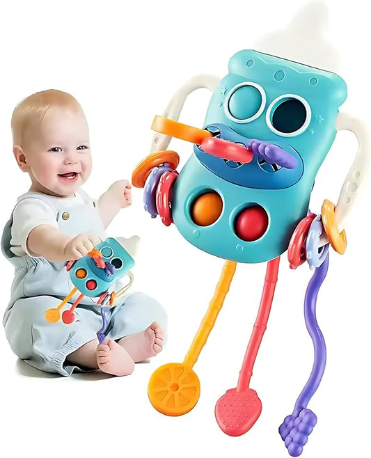 Bottle-Shaped Montessori Teether Toy for Toddlers – Sensory Learning Activity with Pull Strings, Beads, Gears & Teether Accessories Early Development Toy 3M+ (TOY-002-Blue)