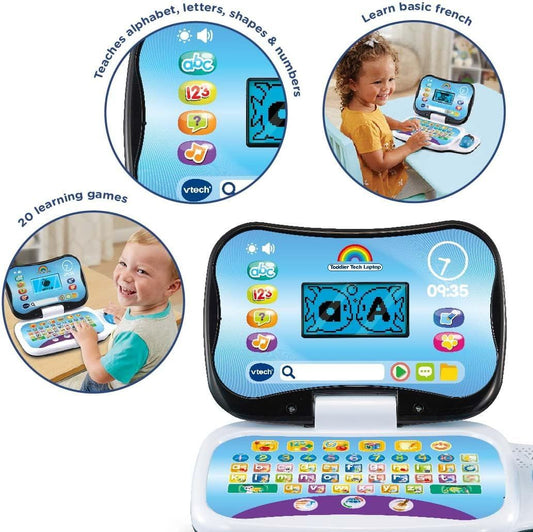 VTech Toddler Tech Laptop, Interactive Educational Computer Toy, 20 Games for Pre-School Children, Learn Alphabet, Letters, Shapes, Numbers, Music & French, Kids Age 2, 3, 4 + Years, English Version
