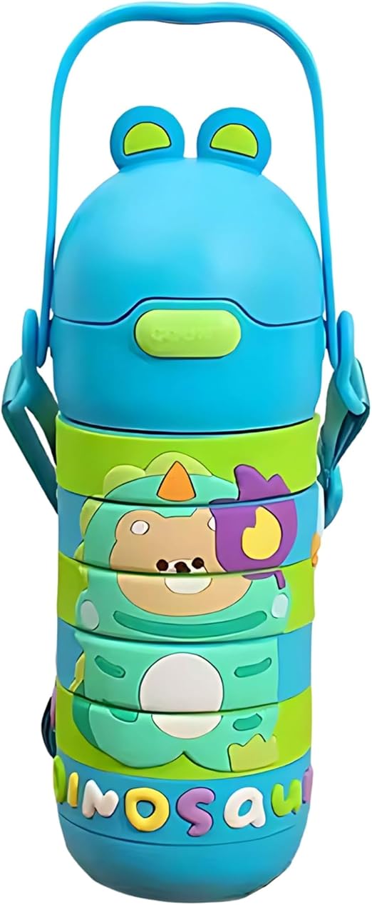Stainless Steel Kids Puzzle Swirl Water Bottle with Straw & Strap Double Wall Vacuum Insulated Educational, Fun and Learning Water Bottle for Kids, Girls and Boys Leak Proof 430ml (Blue)