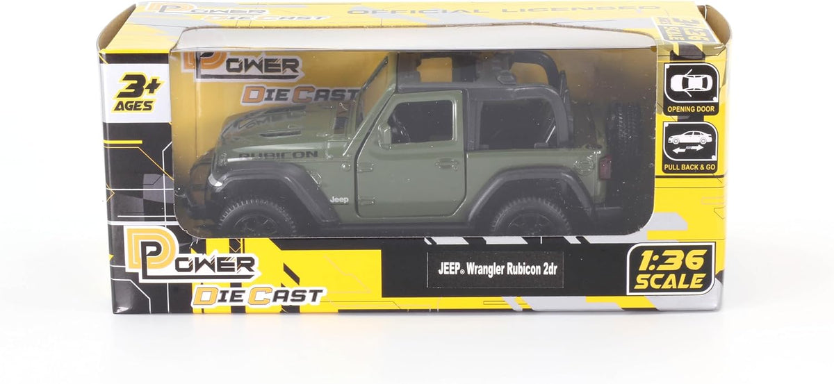 D-Power Diecast Jeep Rubicon 2021 – 1:36 Scale Model Car, Assorted Colors Green / Beige, 1 Piece, Pull Back Action, Collectible SUV Toy