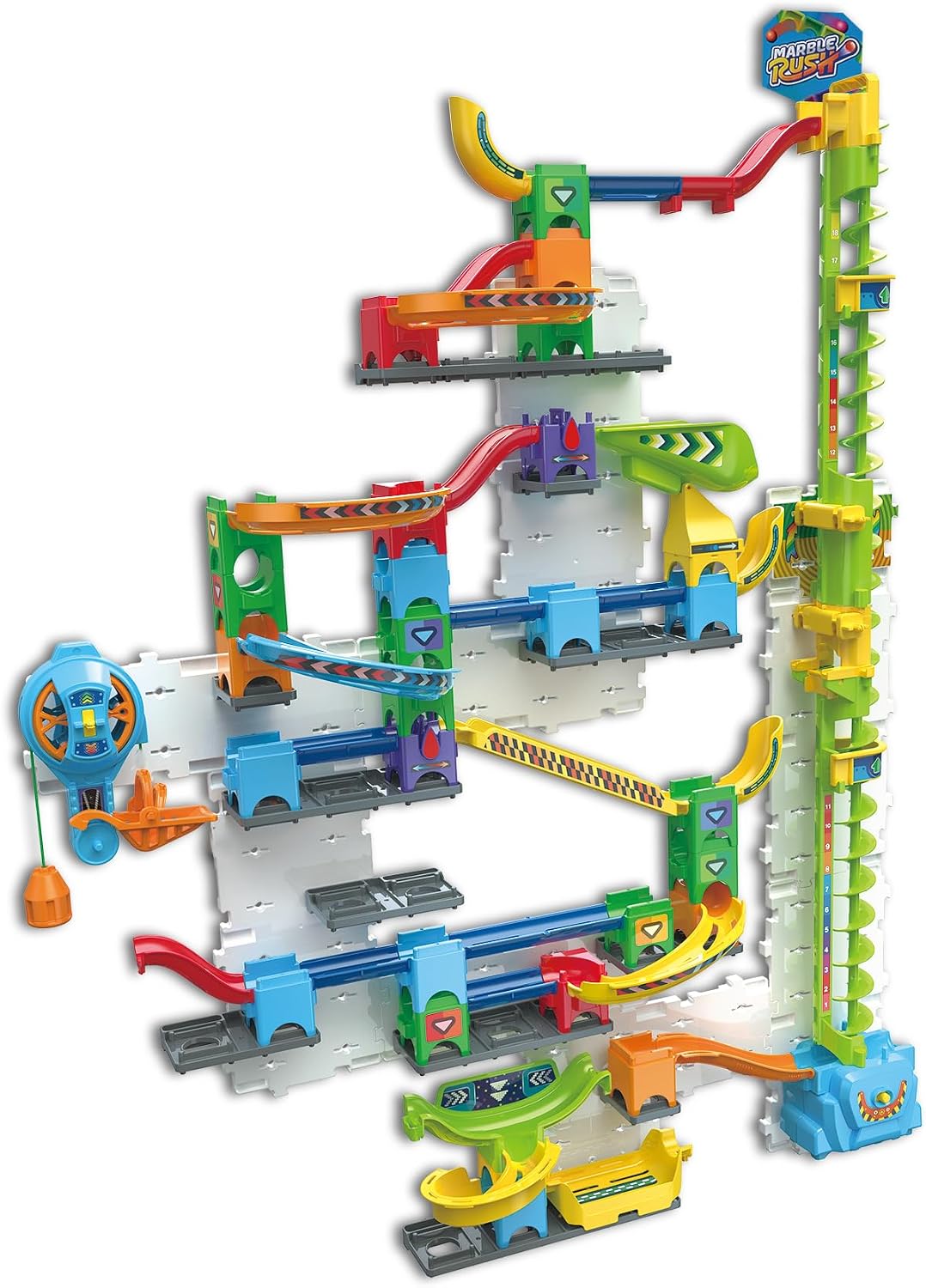 VTech Marble Rush Free Fall Vertical Set with Motorized Lift, 84 Pieces & 10 Marbles