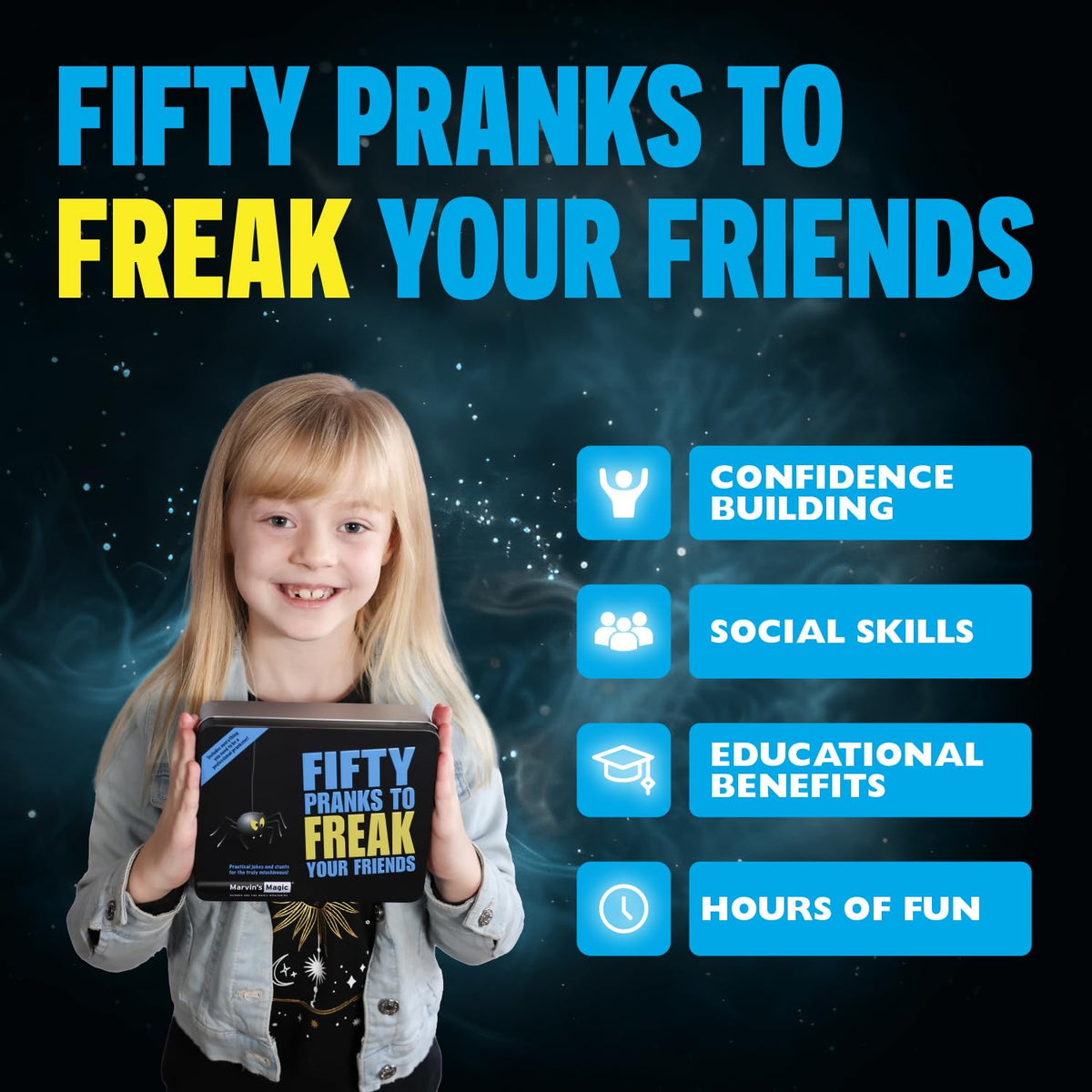 Marvin’s Magic Fifty Pranks to Freak Your Friends Gift Tin – Kids Prank & Joke Set with 50 Funny Practical Jokes and Props, Hilarious Fun for Ages 8+