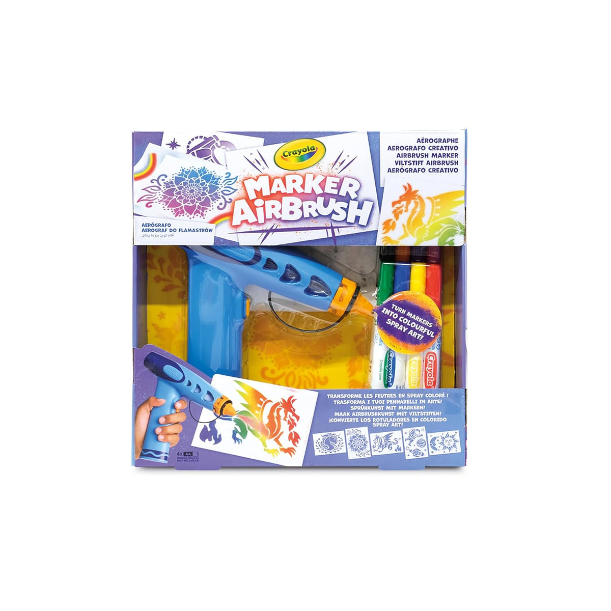 Crayola Marker Airbrush - Creative Airbrush for Kids with 8 Washable Felt Tip Pens and 5 Stencils, Educational Toy for Artistic Activities, Ages 6 Years