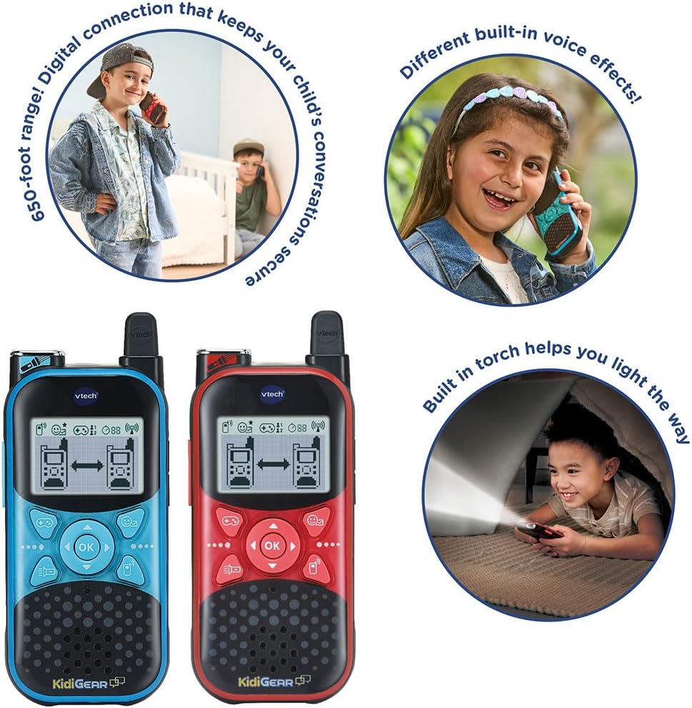 VTech KidiGear Walkie Talkies Explorer – Kids' indoor and Outdoor Walkie Talkies with Secure Digital Connection, Torch, Voice Effects, Animations & Games | Toy for Ages 5–7+
