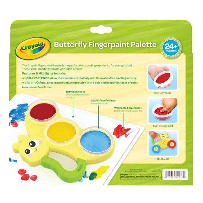 Crayola Butterfly Fingerpaint Palette – Toddler Art Set with 3 Washable Paint Pots & 10 Large Sheets | Mess-Free Sensory Painting Kit for Kids, Creative Gift for Ages 2+
