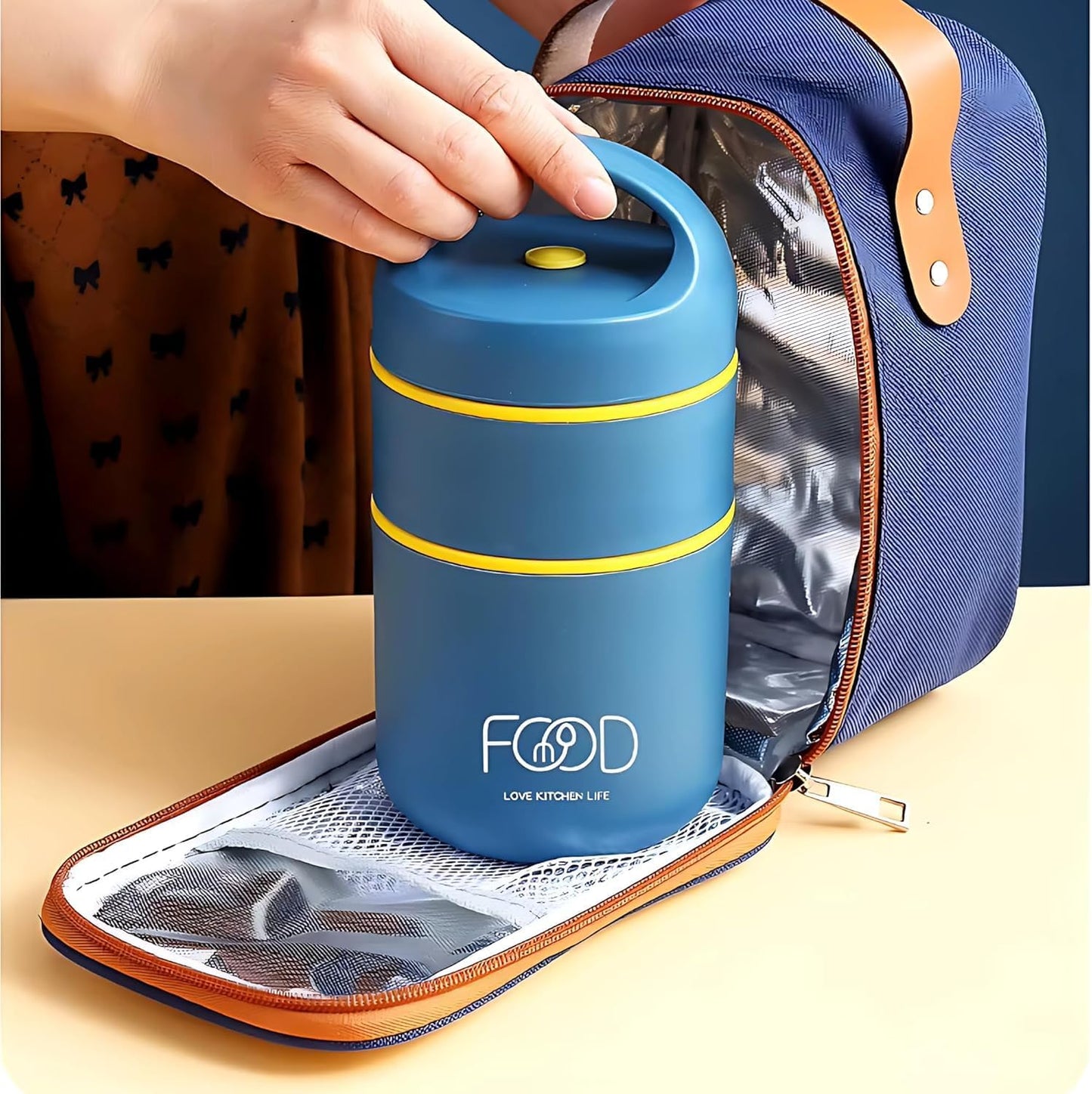 Double Soup Bowl Insulated Lunch Container Thermos Steel Food Jar with Spoon Stainless Steel 2 Compartment Leak Proof Airtight Lunch Container for Hot and Cold Food 710ml (Blue1)