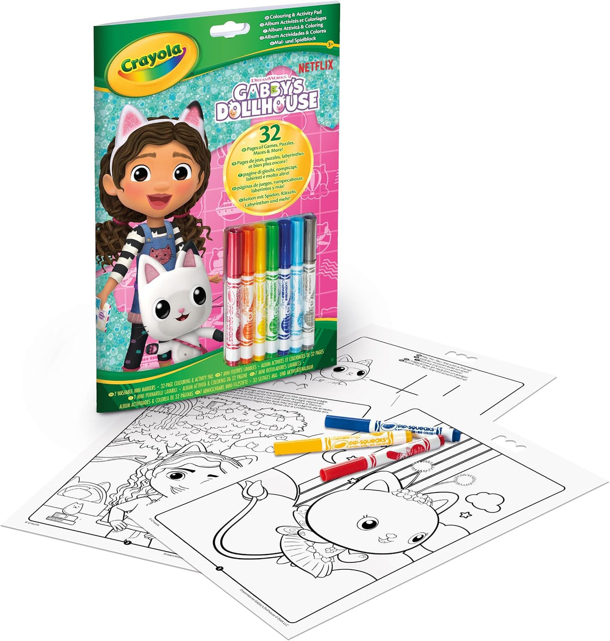 Crayola - Gabby's Dollhouse Album Activity and Colouring e, 32 Colouring Pages and 7 Washable Mini Felt Tip Pens | ideal gift ages from ages 3+