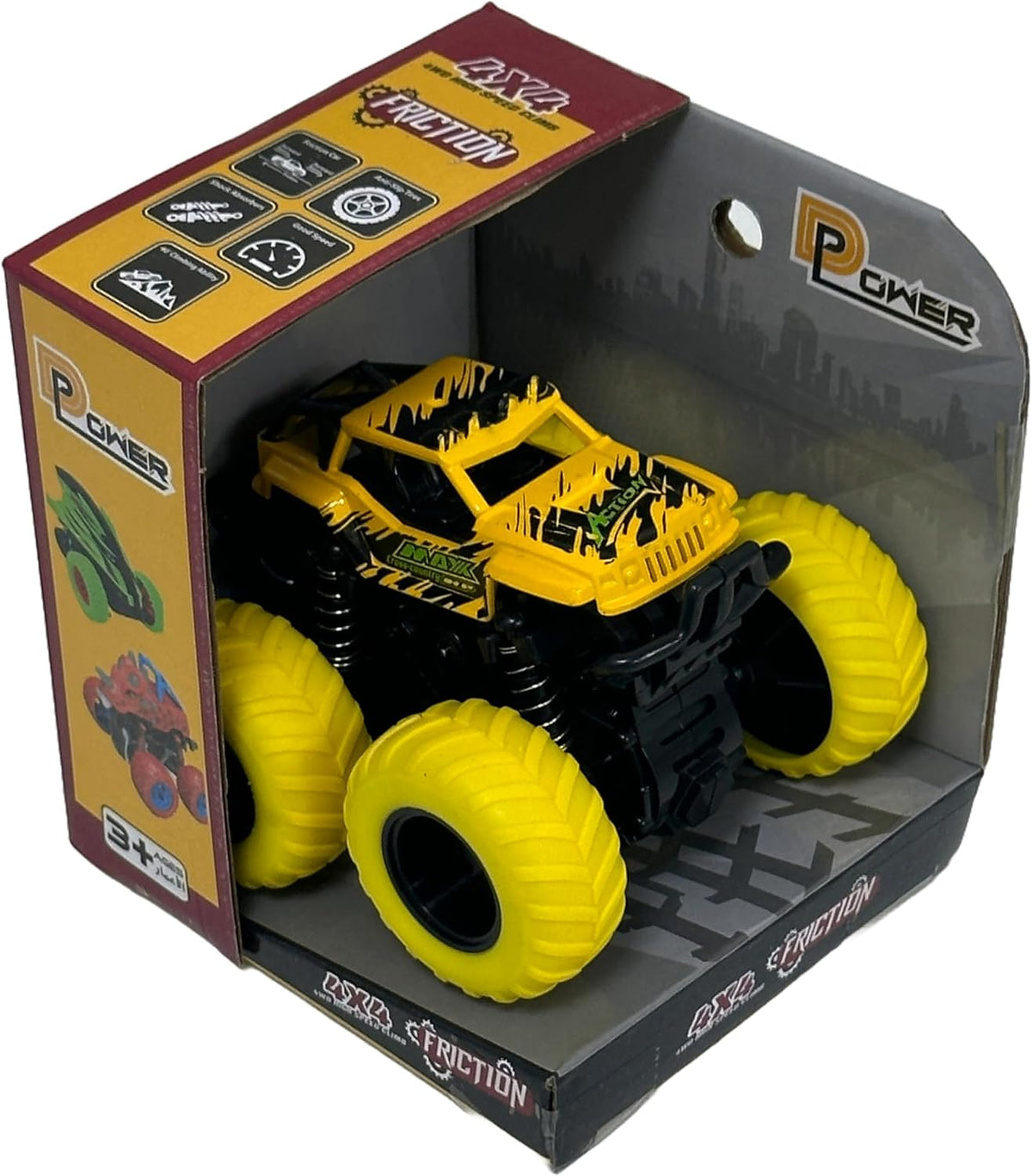 D-Power - Friction Powered Monster Truck Toys - Yellow | 360° Stunt Flipping, No Batteries, Perfect Kids Gift |3+