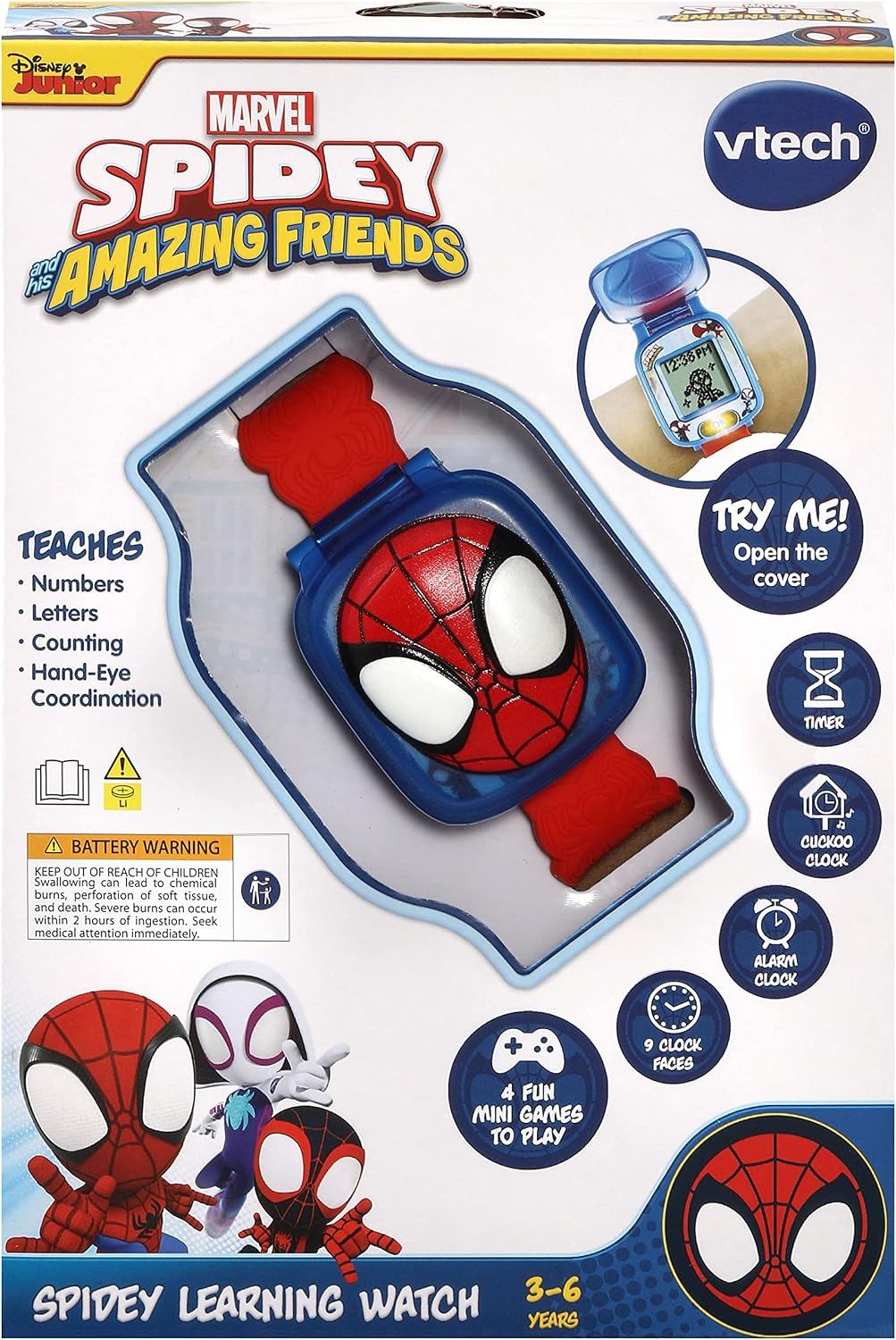 Vtech -  Spidey and His Amazing Friends - Spidey Learning Watch (Multicolour ) | Watch includes nine digital clock faces, a stopwatch, a timer, a cuckoo clock, and an alarm with a choice of alarm tones | Ideal 3 to 6 years