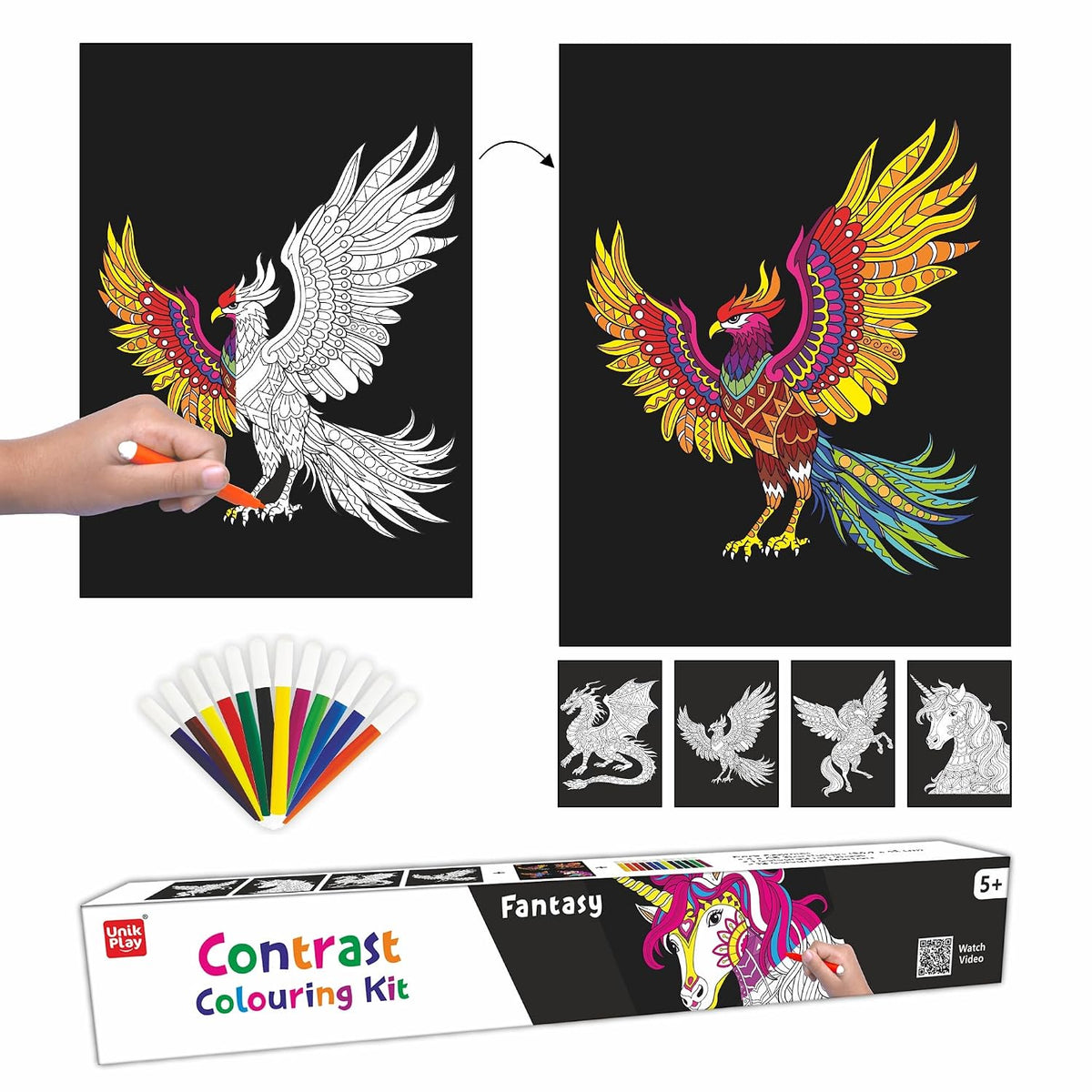 Unikplay Contrast Coloring Kit – Fantasy | Creative Art & Craft Set with Unicorn, Dragon & Phoenix for Kids