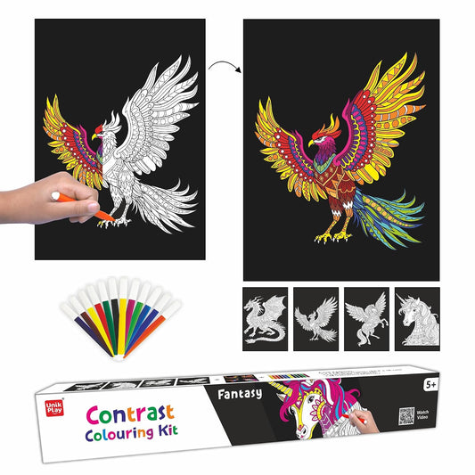 Unikplay Contrast Coloring Kit – Fantasy | Creative Art & Craft Set with Unicorn, Dragon & Phoenix for Kids