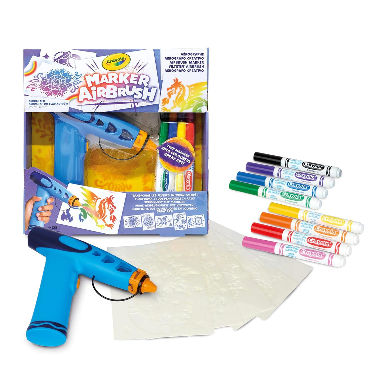 Crayola Marker Airbrush - Creative Airbrush for Kids with 8 Washable Felt Tip Pens and 5 Stencils, Educational Toy for Artistic Activities, Ages 6 Years