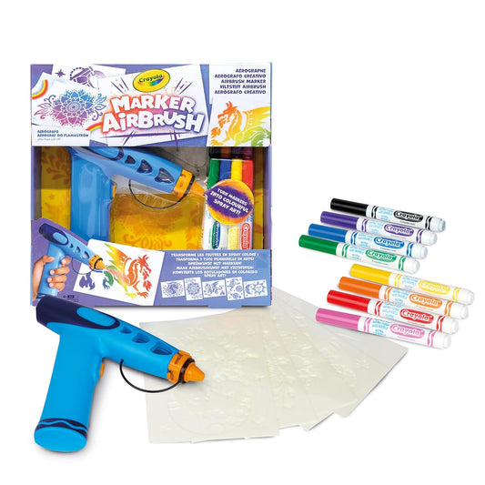 Crayola Marker Airbrush - Creative Airbrush for Kids with 8 Washable Felt Tip Pens and 5 Stencils, Educational Toy for Artistic Activities, Ages 6 Years