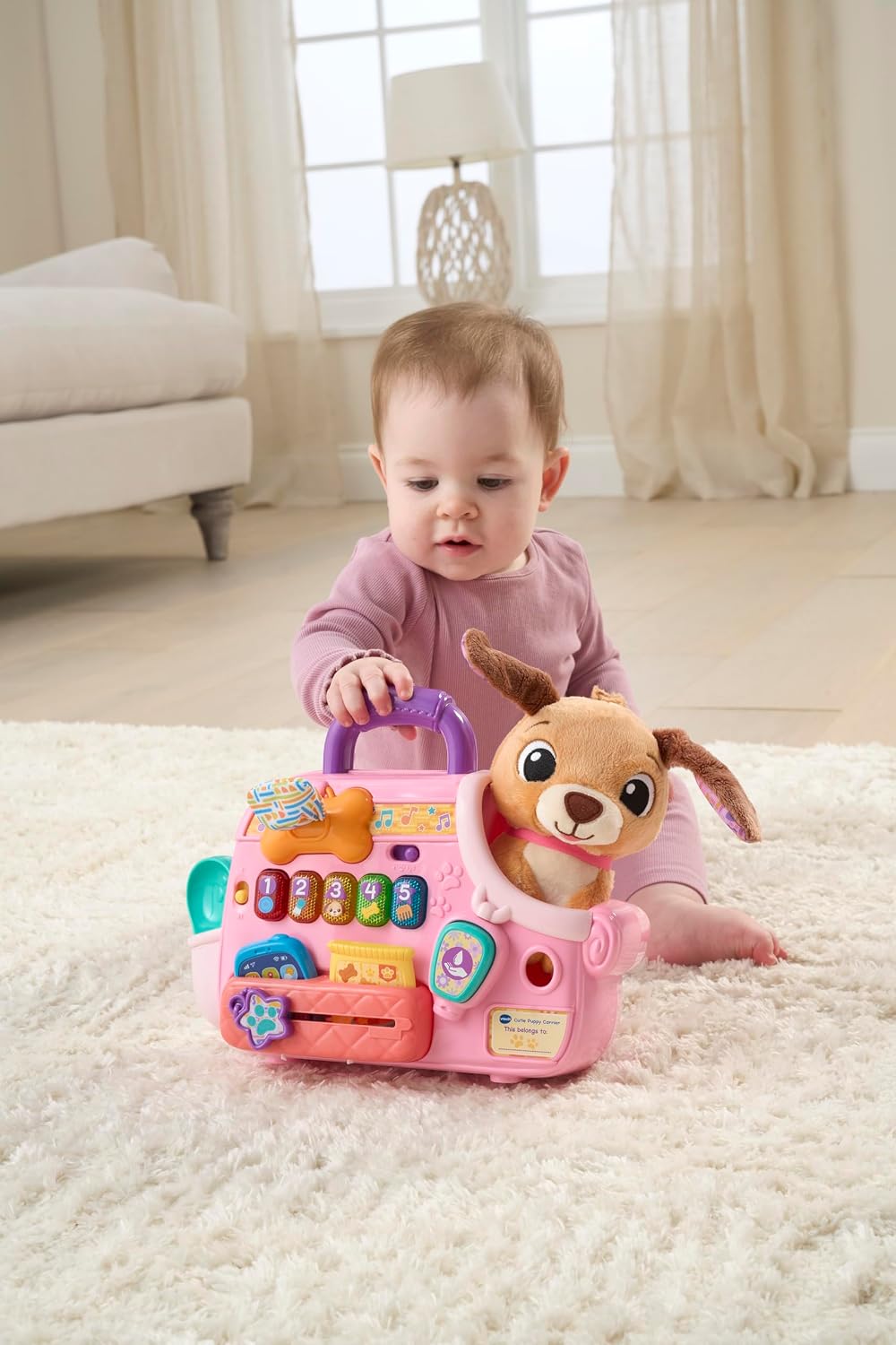 VTech Baby Cutie Puppy Carrier – Interactive Role-Play Toy with 6 Accessories, Light-Up Buttons, Music & Phrases | for Babies 9–24 Months+