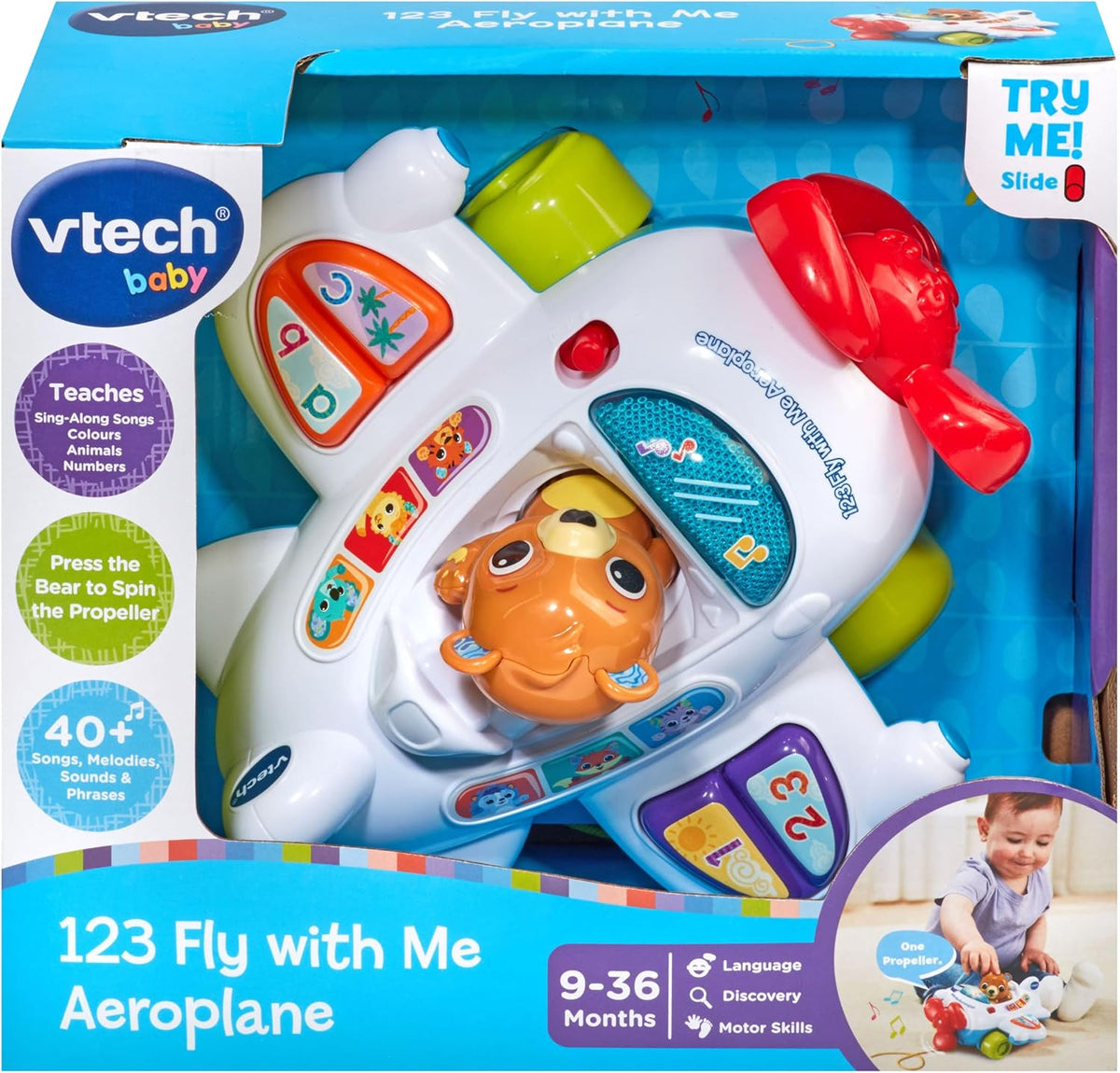 Vtech -  123 Fly with Me Airoplane - Multicolour | Light up button plays fun sing-along songs and the wing buttons introduce numbers and letter sounds. | Suitable ages 9m + up