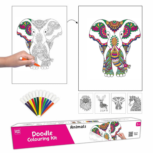 Unikplay Doodle Colouring Kit – Animals | Creative Art & Craft Set with Posters, Markers & Stickers for Kids