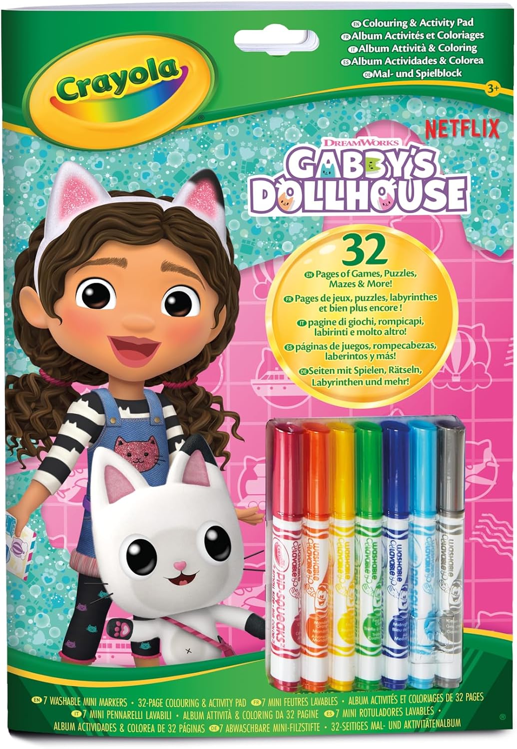 Crayola - Gabby's Dollhouse Album Activity and Colouring e, 32 Colouring Pages and 7 Washable Mini Felt Tip Pens | ideal gift ages from ages 3+