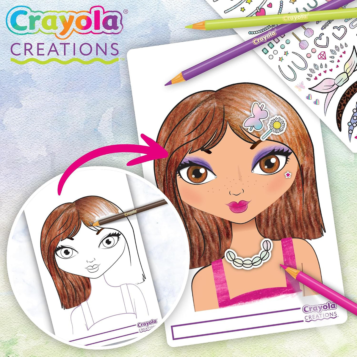 Crayola - Creations Compact Make-Up Artist Sketch Set | includes tutorial pages with beauty and makeup secrets and many pages of sketches |  trendy makeup and hairstyle tests and always find new fashion combinations | Ages 6+