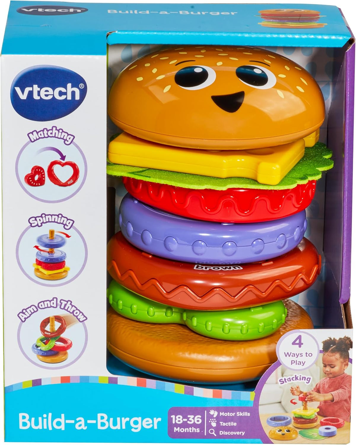 VTech Baby Build-a-Burger – Stacking & Sorting Toy with 6 Food Pieces, Shape Matching, Spinning & Color Play | for Babies 18–24 Months+