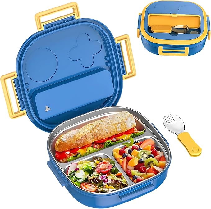 Kids Lunch Box with Stainless Steel Material, 2 Compartment Food Container for Home Outdoor With Spoon, Bento Box Lunch Box Portable Lunch Tray (Blue)