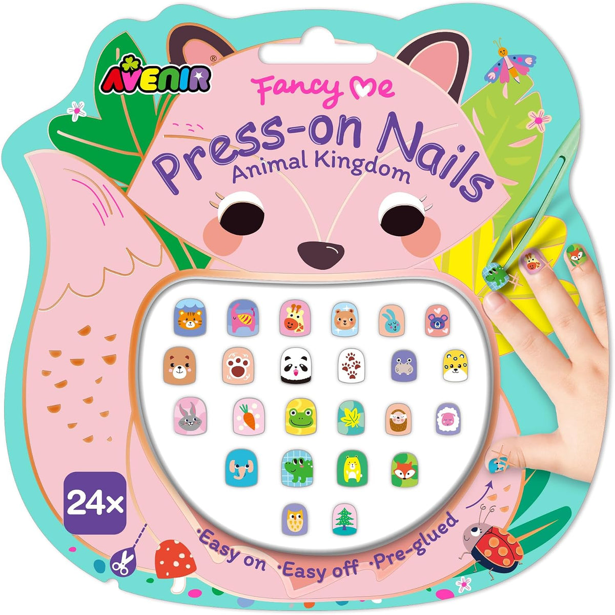 Avenir - Fancy Me Press-On Nails for Kids – Animal Kingdom | 24 Pre-Glued Artificial Nails with Tweezer | Easy Apply & Remove | Fun Nail Art Kit for Girls & Gift Set