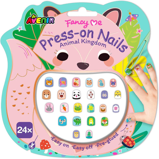 Avenir - Fancy Me Press-On Nails for Kids – Animal Kingdom | 24 Pre-Glued Artificial Nails with Tweezer | Easy Apply & Remove | Fun Nail Art Kit for Girls & Gift Set