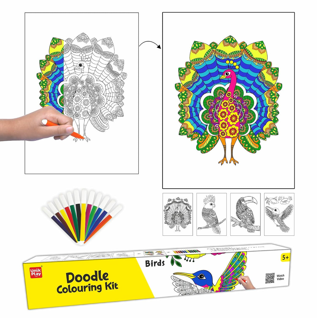 Unikplay Doodle Colouring Kit – Birds | Creative Art & Craft Set with Posters, Markers & Stickers for Kids