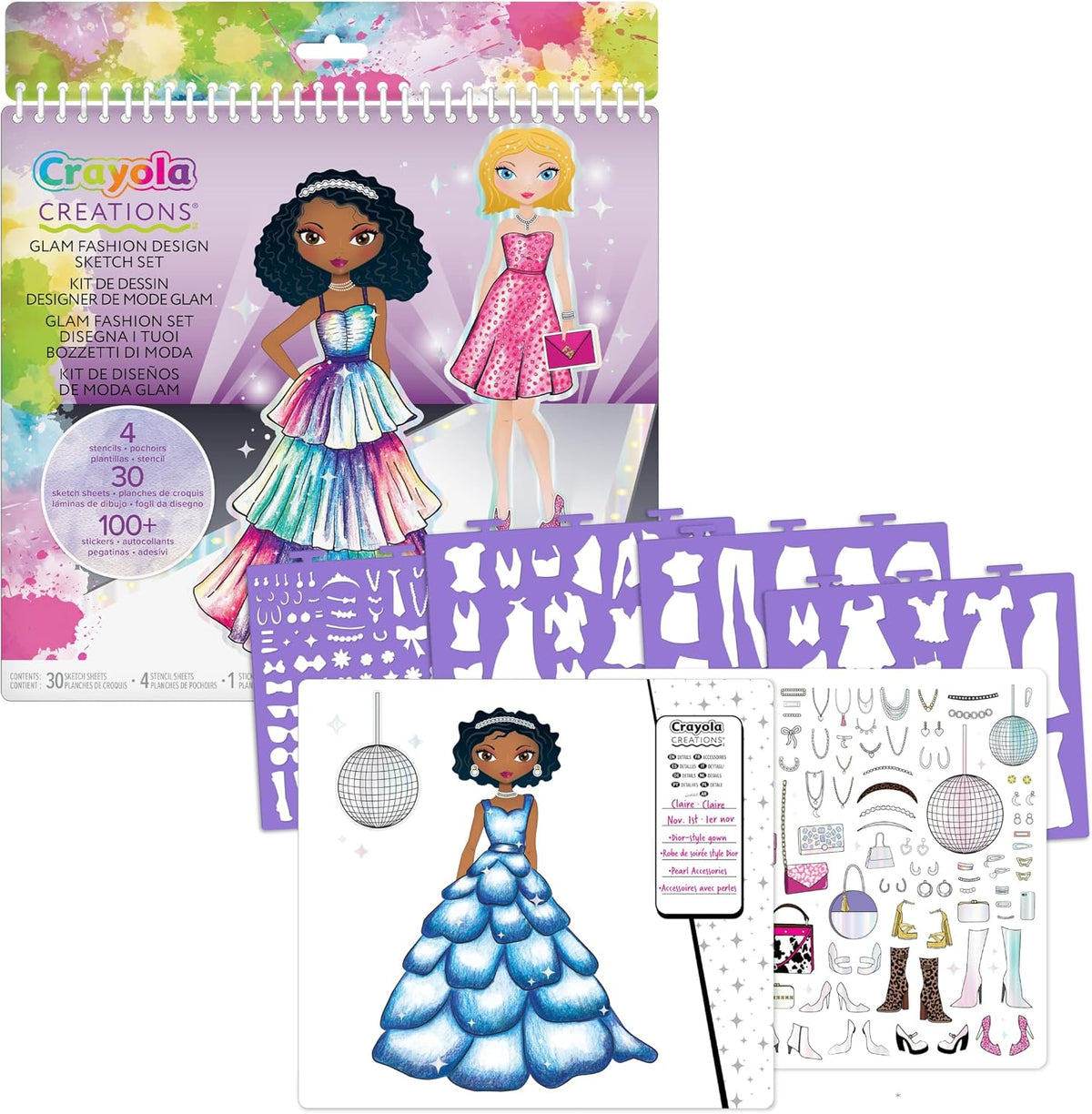 CRAYOLA Creations Glam Fashion Set, Create Your Own Fashion Collection, Drawing Set with Stencils and Stickers, Creative Activity for Girls, from 8 Years