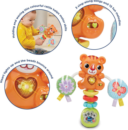 VTech Rattle & Roar Tiger | Baby Rattle with Lights, Music & Textured Pom Poms | Fine Motor & Sensory Development Toy for Infants