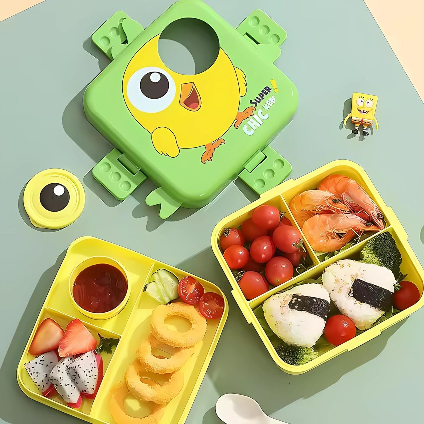 Kids Lunch Box with Spoon – Leakproof Double Decker Bento Box, Durable Plastic, Sealed for Freshness, Sauce Cup Included, Perfect for School & Travel, 1120ml (Bird Green)