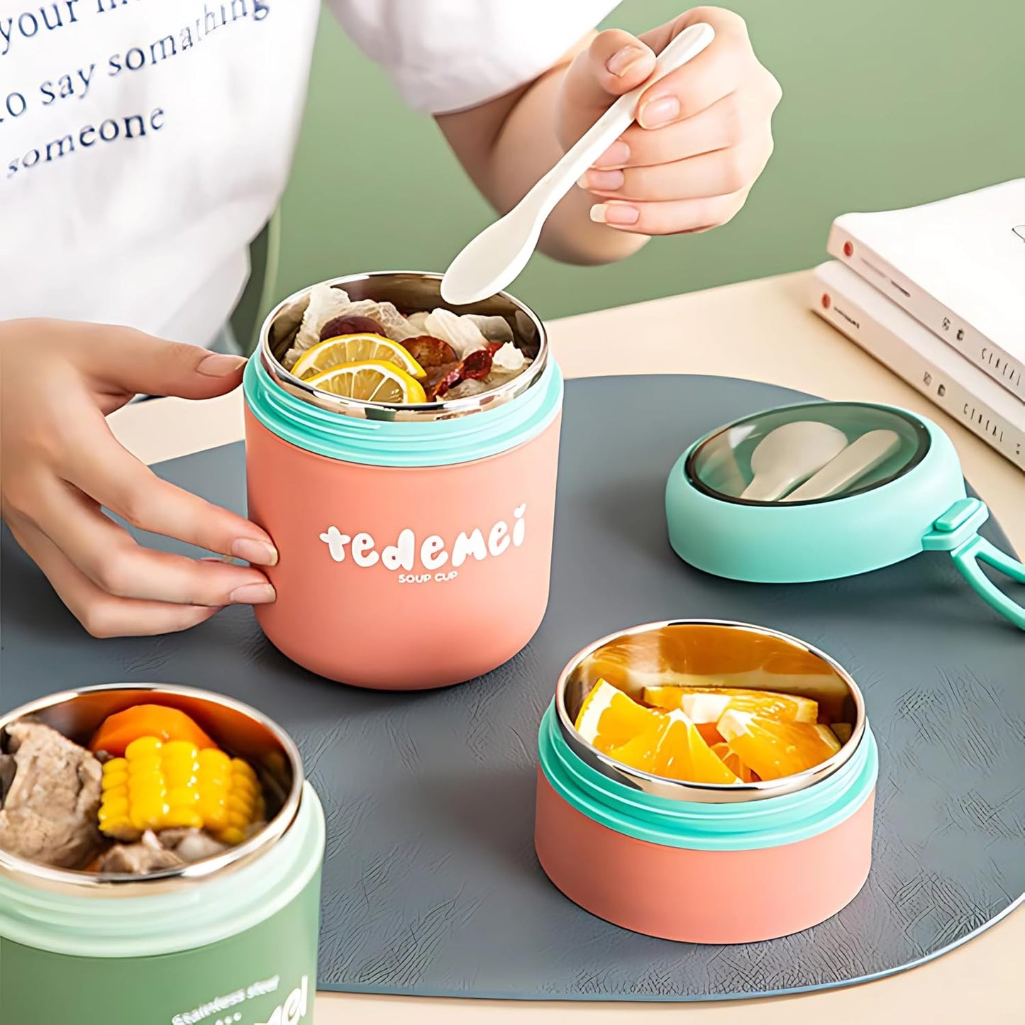 Double Soup Bowl Insulated Lunch Container Thermos Steel Food Jar with Spoon Stainless Steel 2 Compartment Leak Proof Airtight Lunch Container for Hot and Cold Food 710ml (Pink)