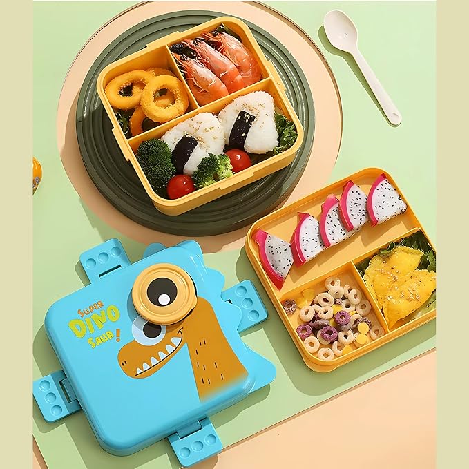 Kids Lunch Box with Spoon – Leakproof Double Decker Bento Box, Durable Plastic, Sealed for Freshness, Sauce Cup Included, Perfect for School & Travel, 1120ml (Dino Blue)