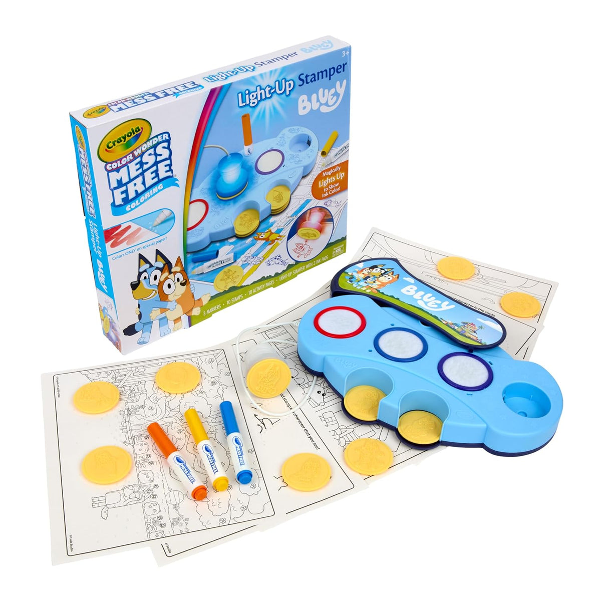 Crayola Color Wonder Mess Free Light-Up Stamper Bluey Set – 10 Stamps, 3 Ink Pads, 18 Activity Pages & Markers | No-Mess Coloring Kit with Light-Up Stamper | Safe, Non-Toxic Gift for Kids Ages 3+