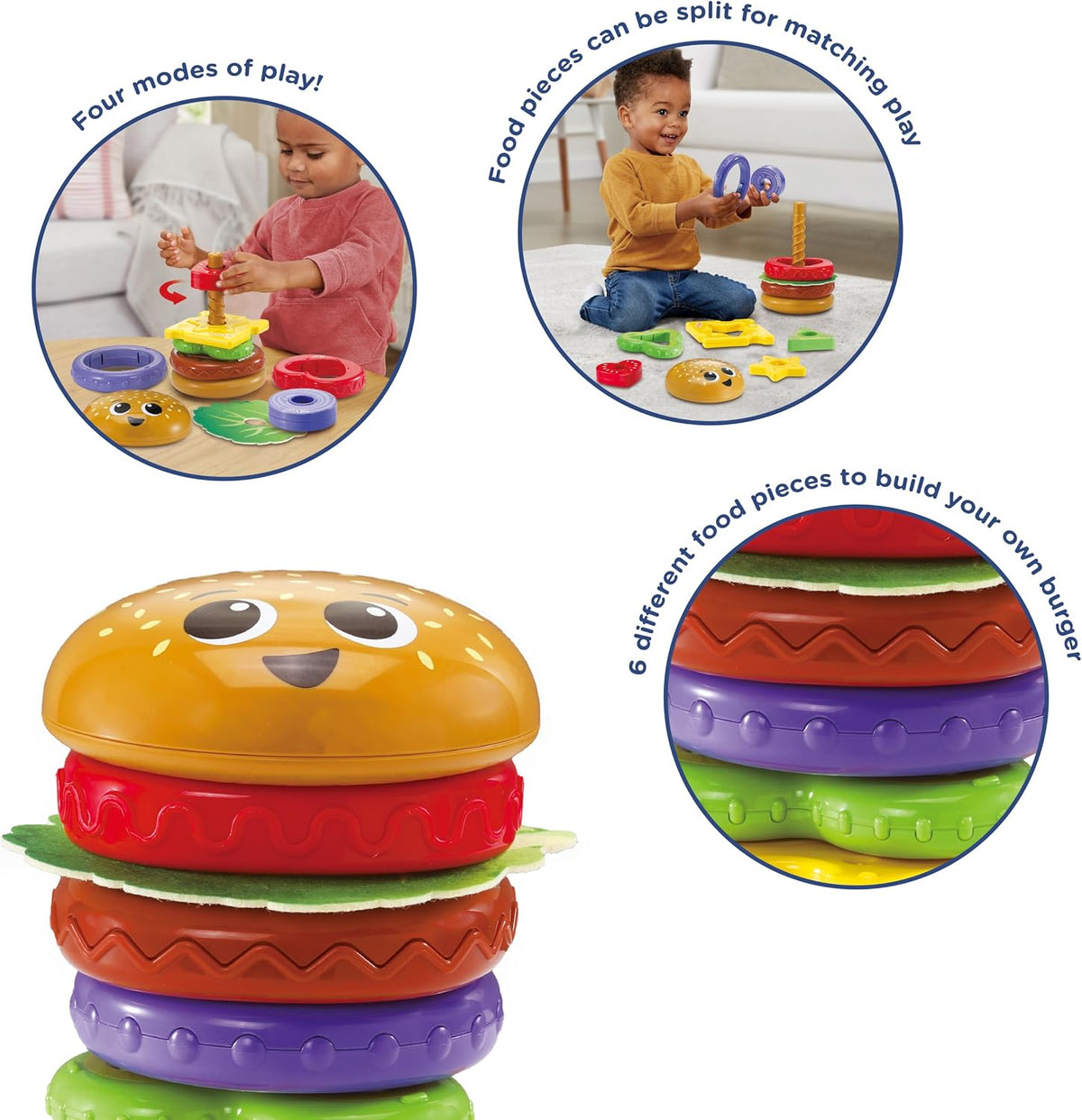 VTech Baby Build-a-Burger – Stacking & Sorting Toy with 6 Food Pieces, Shape Matching, Spinning & Color Play | for Babies 18–24 Months+