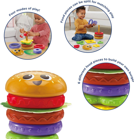 VTech Baby Build-a-Burger – Stacking & Sorting Toy with 6 Food Pieces, Shape Matching, Spinning & Color Play | for Babies 18–24 Months+
