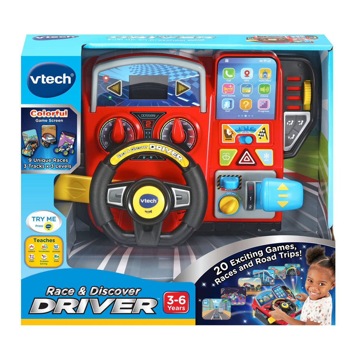 VTech Race & Discover Driver™ | Interactive Kids Driving Toy with Steering Wheel, Gear Shift & Game Screen | 20 Educational Games, Racetracks & Town Adventures | Ages 3–6
