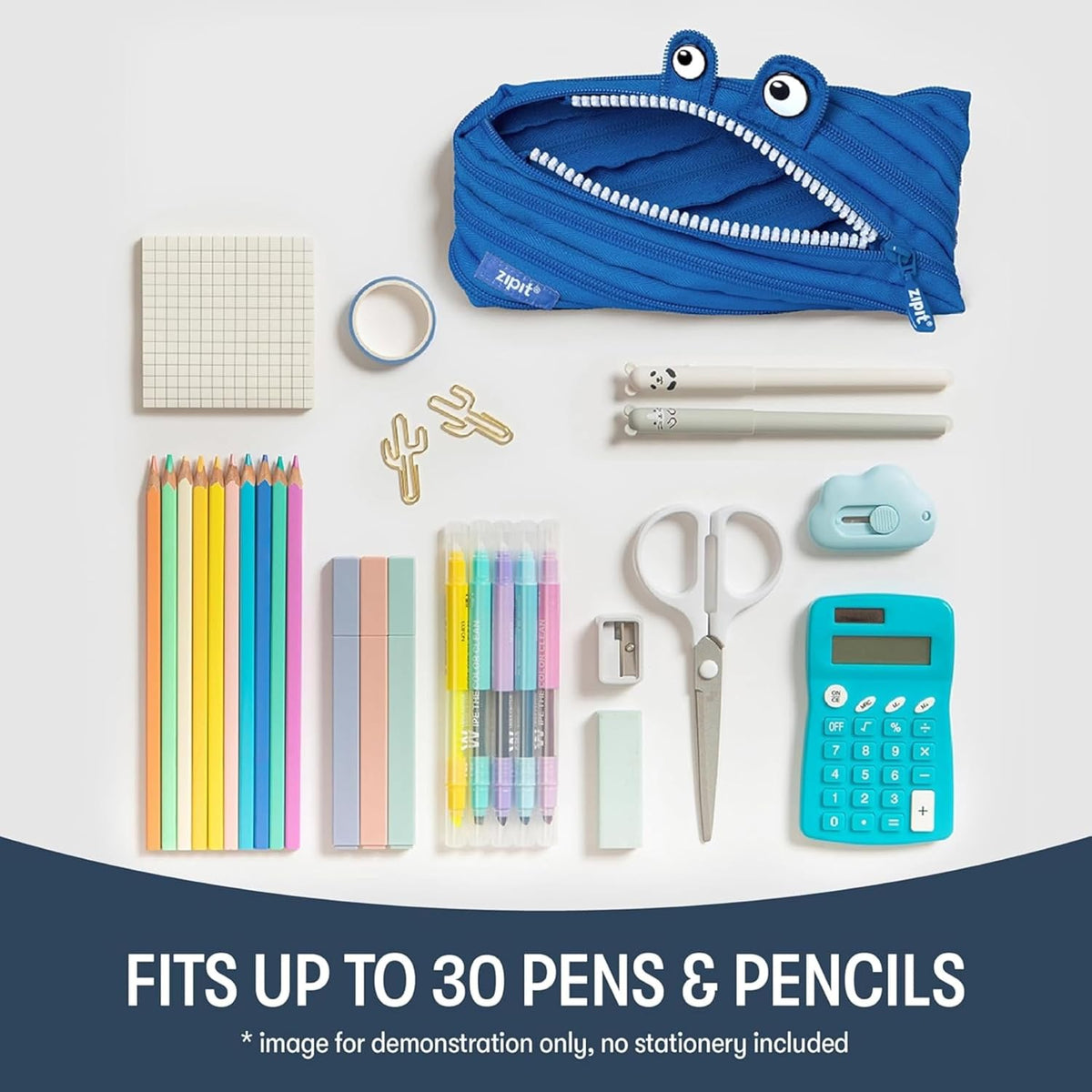 ZIPIT - Monstar Pencil Case for Boys, Holds Up to 30 Pens, Machine Washable, Made of One Long Zipper! (Blue)