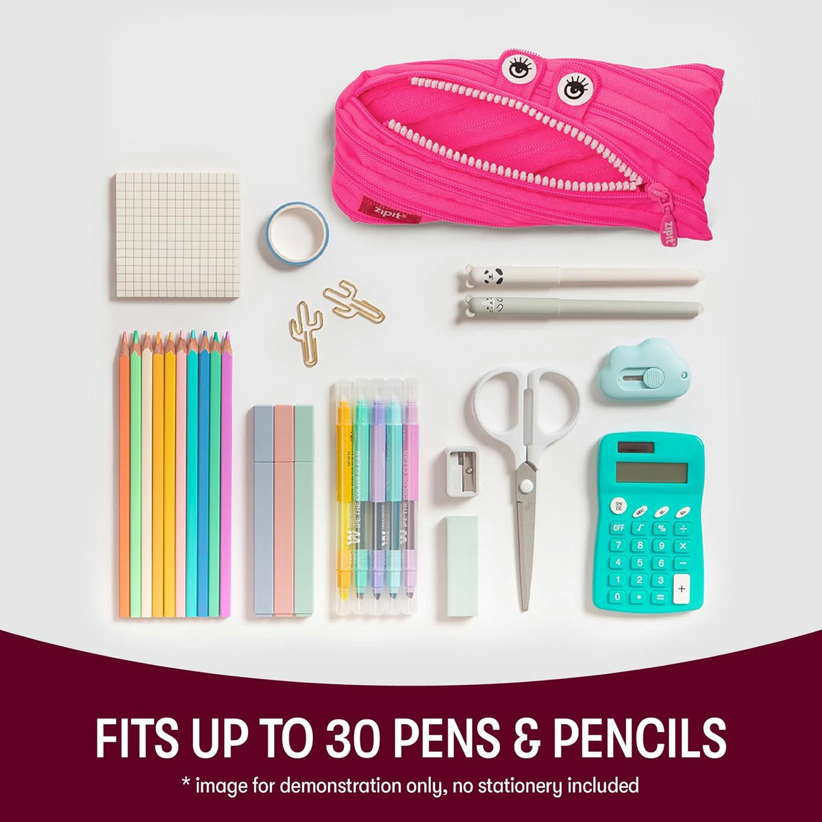 ZIPIT - Monster Pencil Case for Girls, Holds Up to 30 Pens, Machine Washable, Made of One Long Zipper! (Pink)