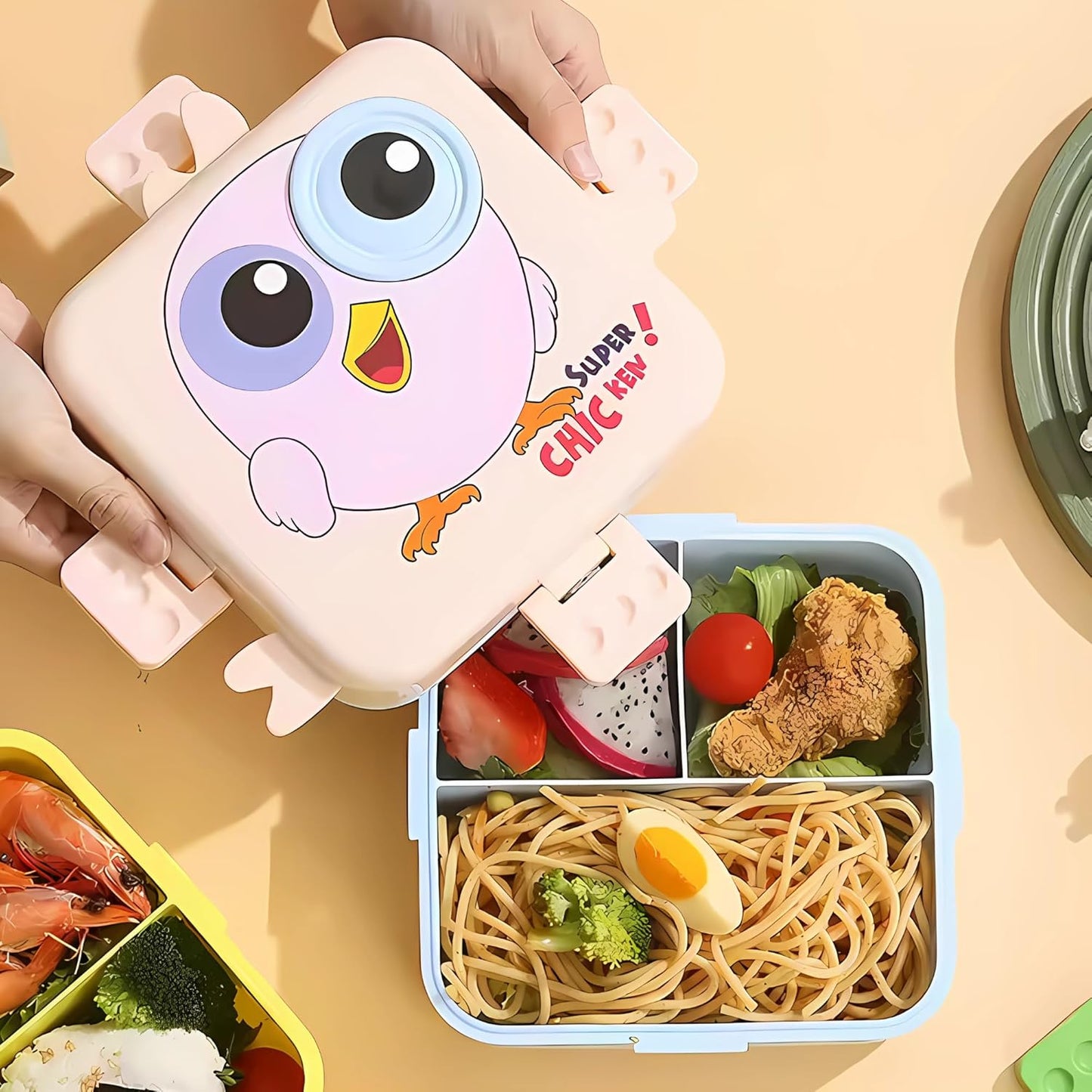 Kids Lunch Box with Spoon – Leakproof Double Decker Bento Box, Durable Plastic, Sealed for Freshness, Sauce Cup Included, Perfect for School & Travel, 1120ml (Bird Pink)