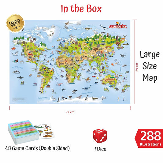 UnikPlay - Geografika | Educational Game, Mini Edition, World Map Board Game, Geography Illustrated Map with Cards | Learning Tools for Boys & Girls