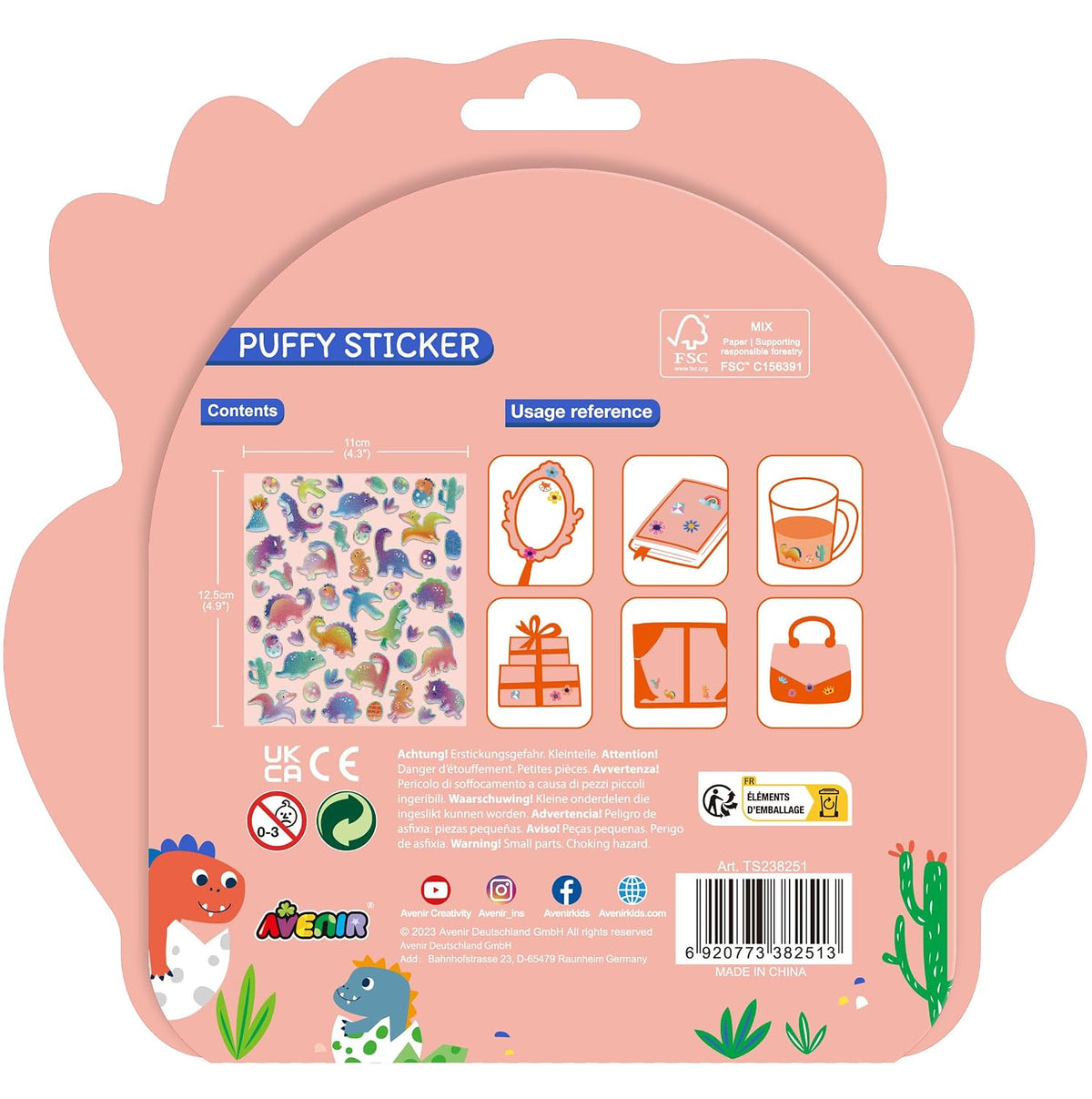 Avenir - Puffy Sticker Dino Multicolor |  activity for kids | Perfect work of art to keep for room decoration or to give as a gift | ages 3+